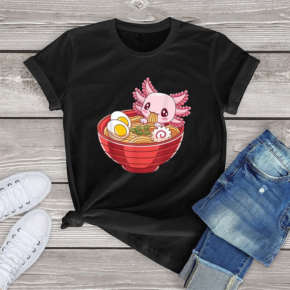 kawaiies-softtoys-plushies-kawaii-plush-Pink Axolotl eating Ramen Women's Cotton Tee Apparel Black XS 