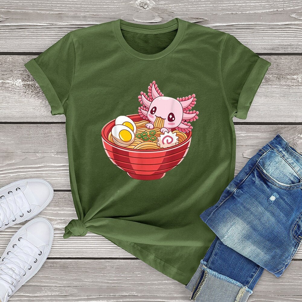 kawaiies-softtoys-plushies-kawaii-plush-Pink Axolotl eating Ramen Women's Cotton Tee Apparel Green XS 