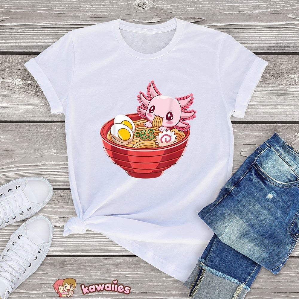 kawaiies-softtoys-plushies-kawaii-plush-Pink Axolotl eating Ramen Women's Cotton Tee Apparel White XS
