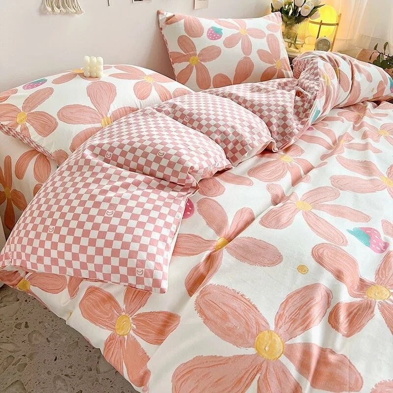 kawaiies-softtoys-plushies-kawaii-plush-Pink Daisy Strawberries Checkered Bedding Set with Bed Sheet Home Decor