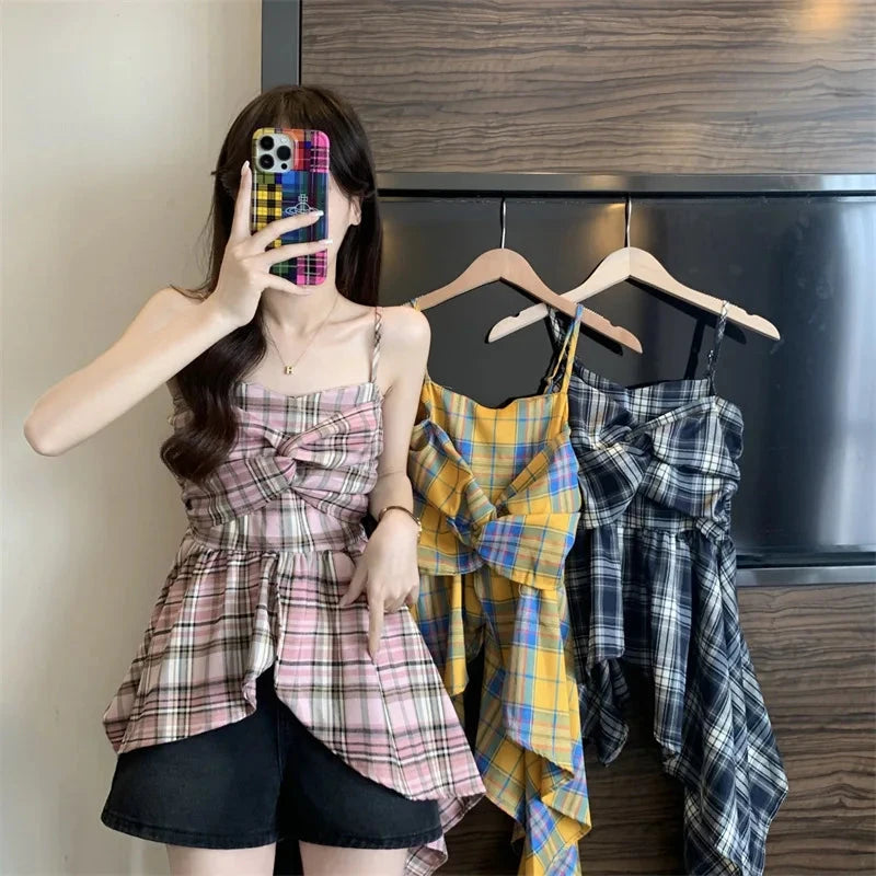 kawaiies-softtoys-plushies-kawaii-plush-Plaid-Patterned Bowknot Babydoll Cami Tops Apparel