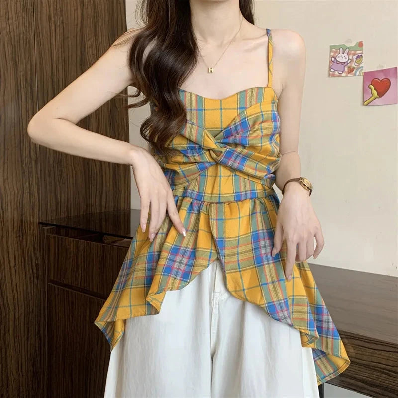 kawaiies-softtoys-plushies-kawaii-plush-Plaid-Patterned Bowknot Babydoll Cami Tops Apparel