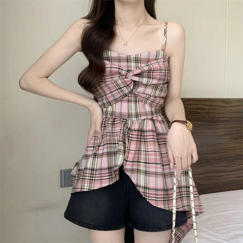 kawaiies-softtoys-plushies-kawaii-plush-Plaid-Patterned Bowknot Babydoll Cami Tops Apparel