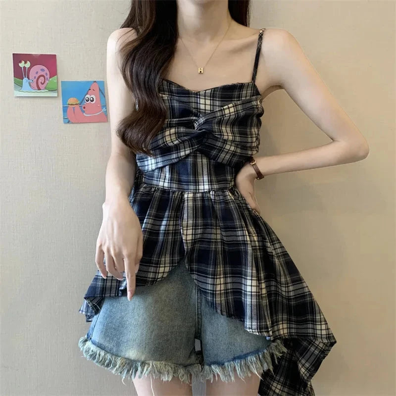 kawaiies-softtoys-plushies-kawaii-plush-Plaid-Patterned Bowknot Babydoll Cami Tops Apparel Navy S