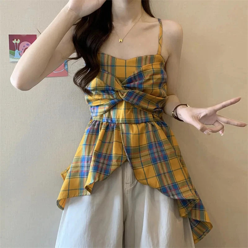 kawaiies-softtoys-plushies-kawaii-plush-Plaid-Patterned Bowknot Babydoll Cami Tops Apparel Yellow S