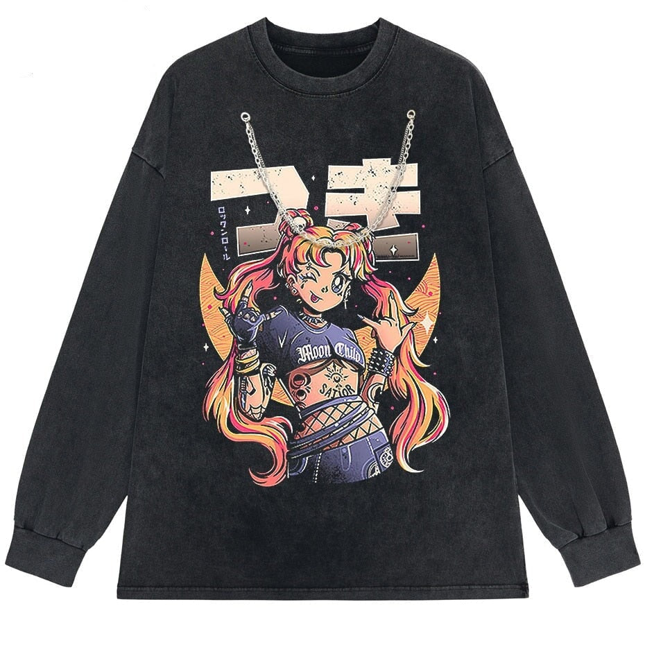 kawaiies-softtoys-plushies-kawaii-plush-Rock On Usagi Tsukino Stone Wash Sweatshirt Tops Stone Wash + Chain M 