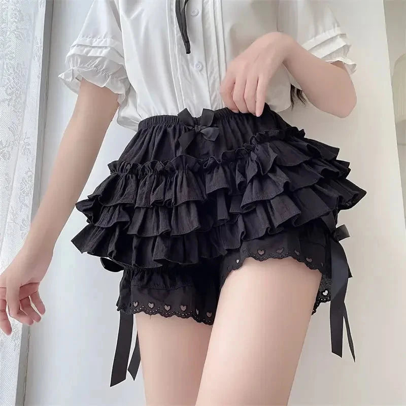 kawaiies-softtoys-plushies-kawaii-plush-Ruffled Lolita Bloomers White Black Laced Women's Shorts Apparel Black S