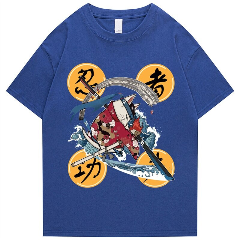 kawaiies-softtoys-plushies-kawaii-plush-Samurai Cat Water Breathing Form Unisex Tee Apparel Blue S