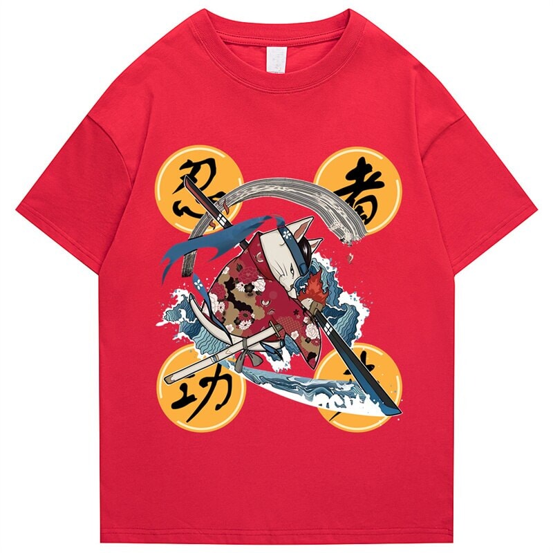 kawaiies-softtoys-plushies-kawaii-plush-Samurai Cat Water Breathing Form Unisex Tee Apparel Red S