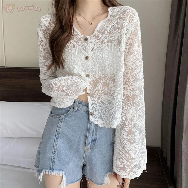 kawaiies-softtoys-plushies-kawaii-plush-Sheer Long Sleeve Button Women's Cardigan Tops