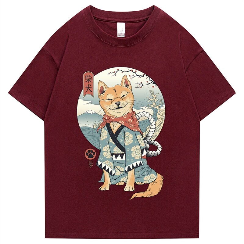 kawaiies-softtoys-plushies-kawaii-plush-Shiba Inu in Kimono Tee Tops Wine Red S