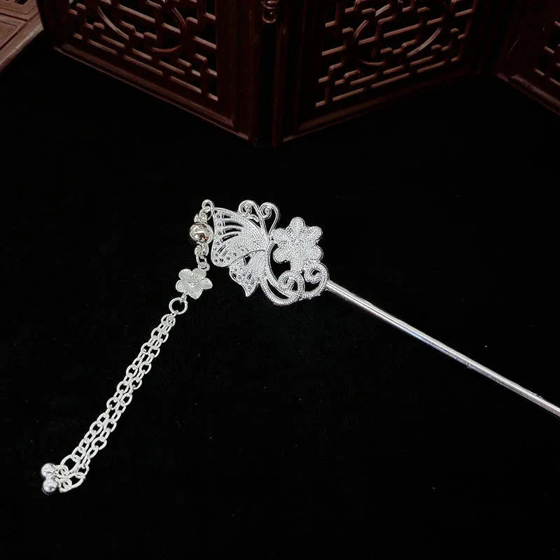 kawaiies-softtoys-plushies-kawaii-plush-Silver Peacock Tassel Chinese Style Hair Pin Accessories Silver Butterfly