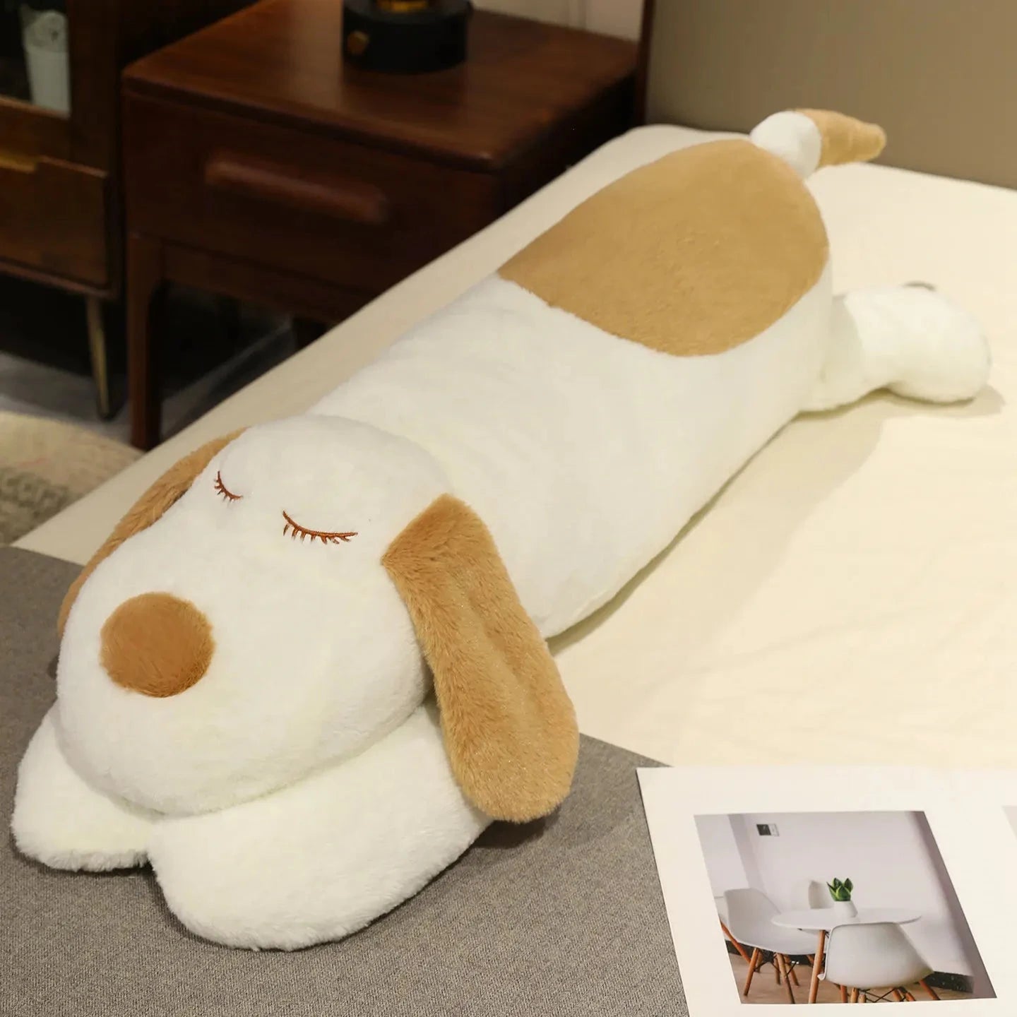 kawaiies-softtoys-plushies-kawaii-plush-Snoozie the Sleepy Puppy Hug Pillow Soft toy White Brown (Close) 100cm