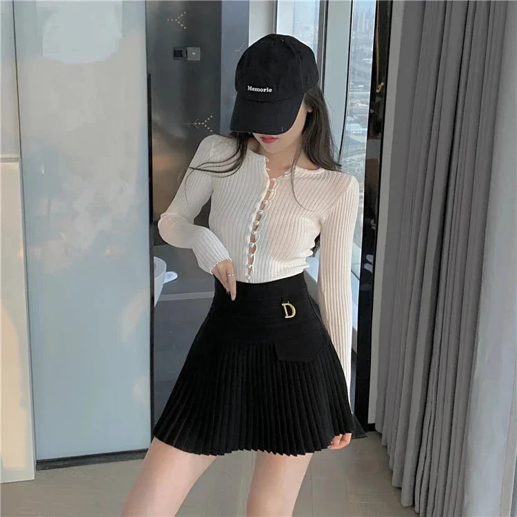 kawaiies-softtoys-plushies-kawaii-plush-Summer White Black Pleated Skirt with Buckle Apparel