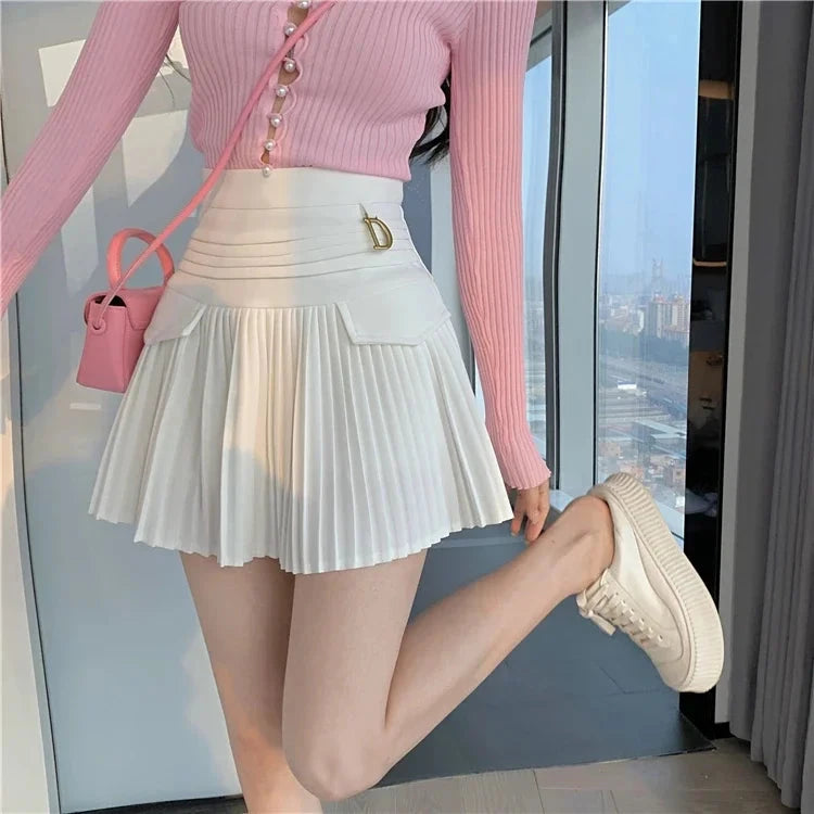 kawaiies-softtoys-plushies-kawaii-plush-Summer White Black Pleated Skirt with Buckle Apparel