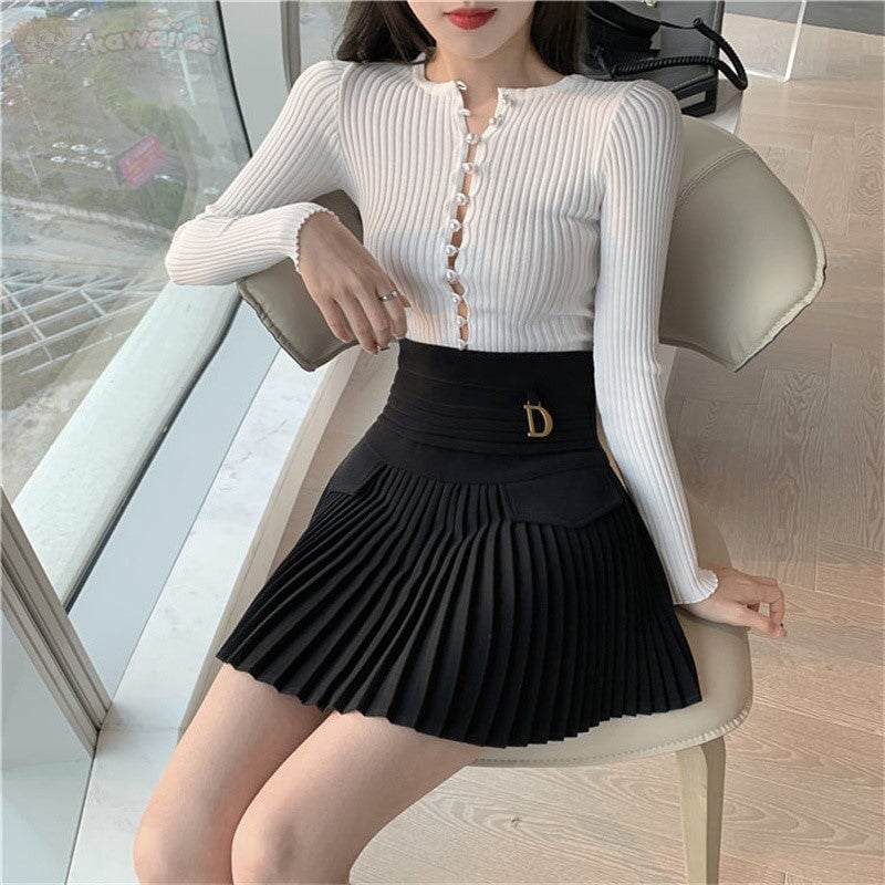 kawaiies-softtoys-plushies-kawaii-plush-Summer White Black Pleated Skirt with Buckle Apparel