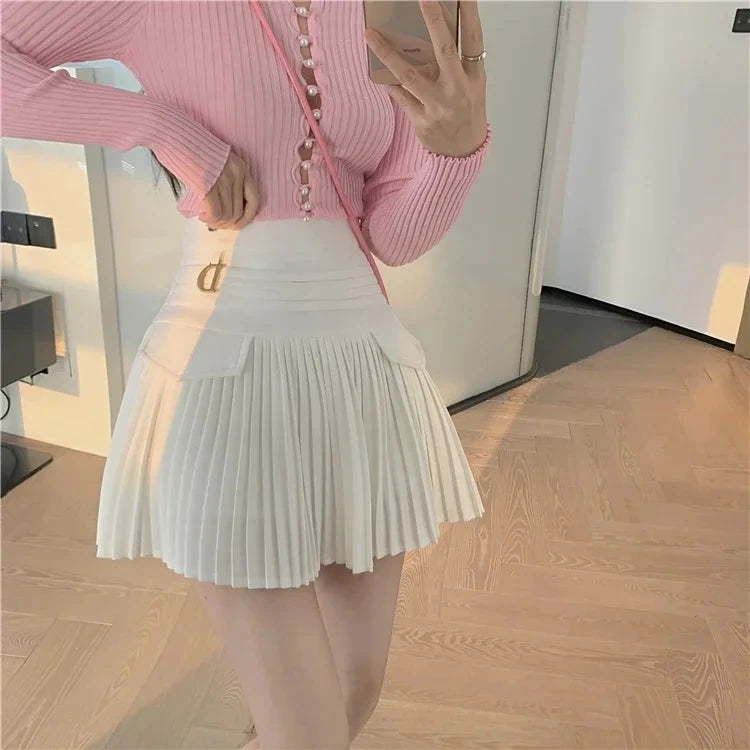kawaiies-softtoys-plushies-kawaii-plush-Summer White Black Pleated Skirt with Buckle Apparel