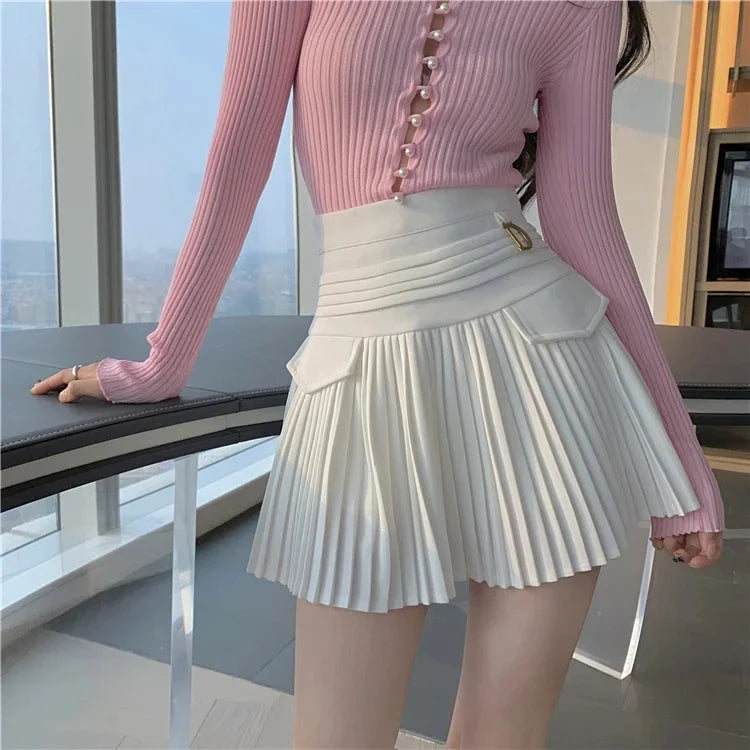 kawaiies-softtoys-plushies-kawaii-plush-Summer White Black Pleated Skirt with Buckle Apparel