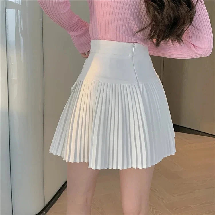 kawaiies-softtoys-plushies-kawaii-plush-Summer White Black Pleated Skirt with Buckle Apparel