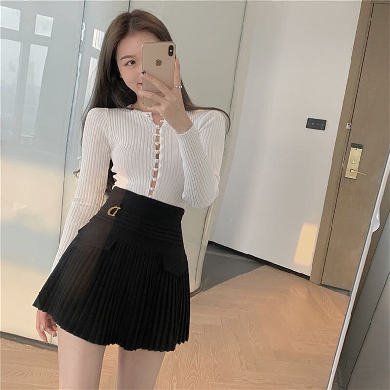 kawaiies-softtoys-plushies-kawaii-plush-Summer White Black Pleated Skirt with Buckle Apparel