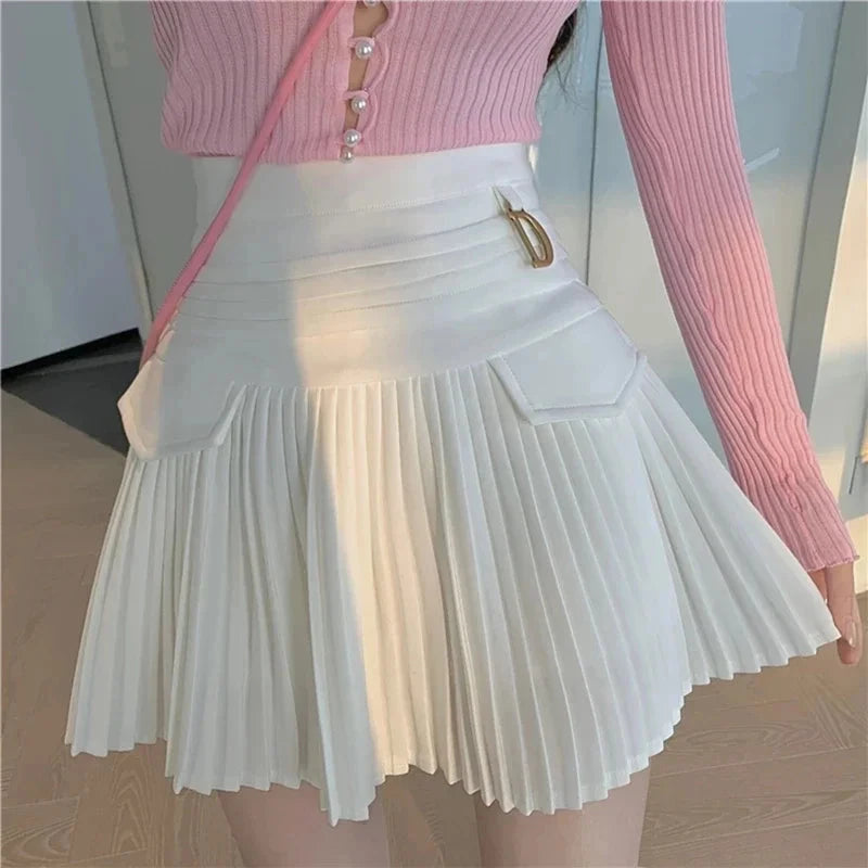 kawaiies-softtoys-plushies-kawaii-plush-Summer White Black Pleated Skirt with Buckle Apparel