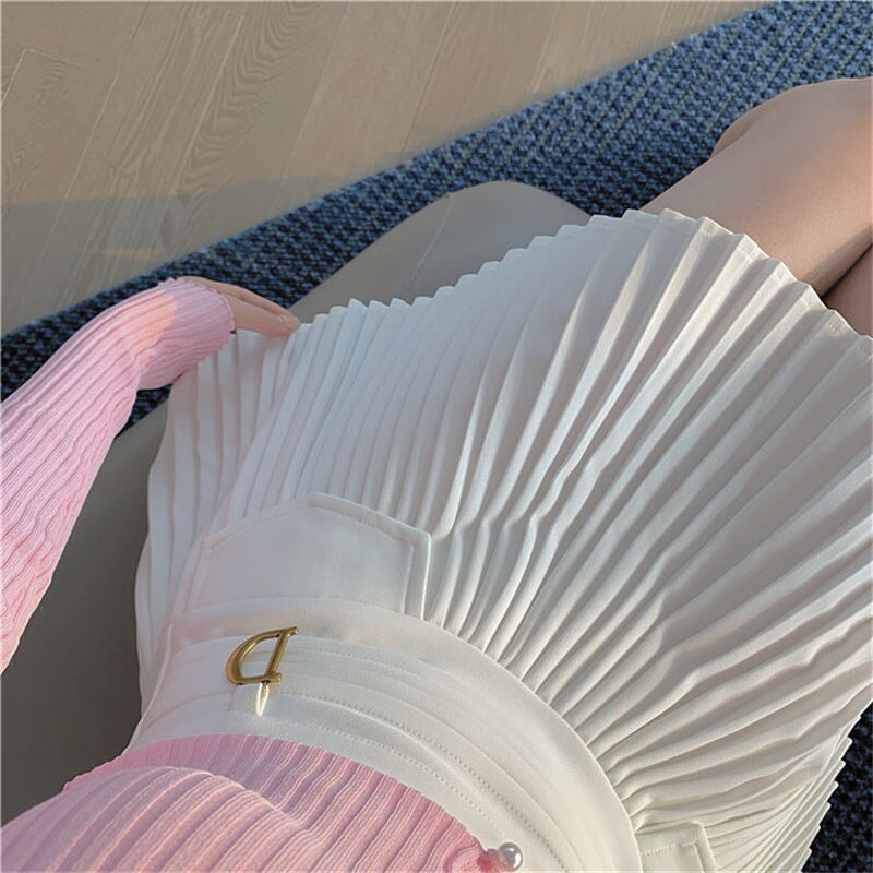 kawaiies-softtoys-plushies-kawaii-plush-Summer White Black Pleated Skirt with Buckle Apparel