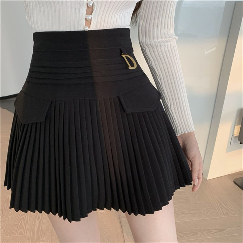 kawaiies-softtoys-plushies-kawaii-plush-Summer White Black Pleated Skirt with Buckle Apparel Black S