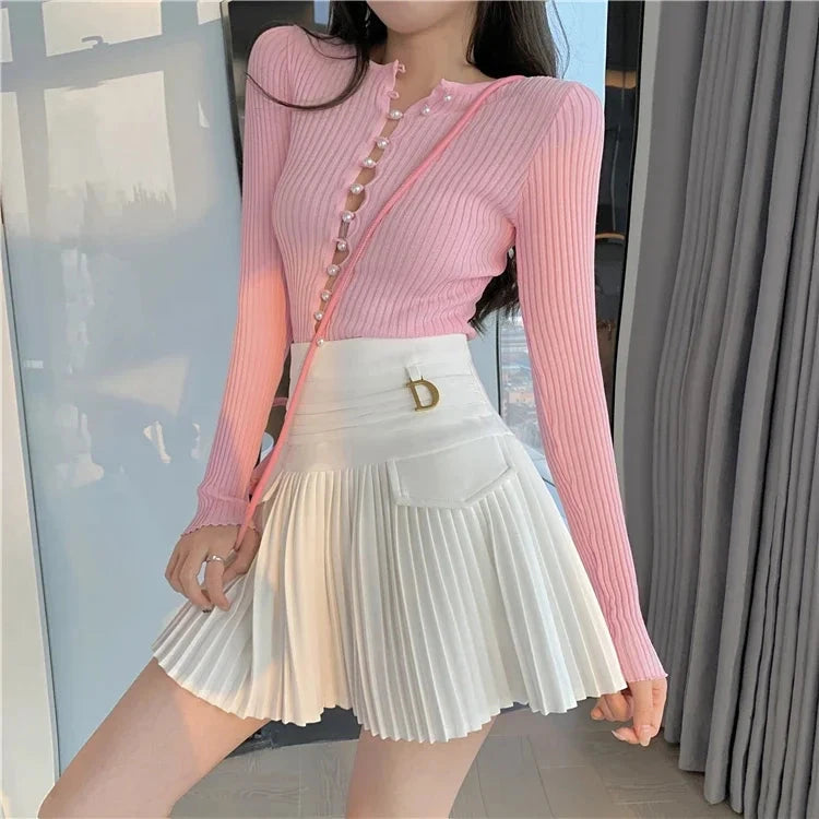 kawaiies-softtoys-plushies-kawaii-plush-Summer White Black Pleated Skirt with Buckle Apparel White S
