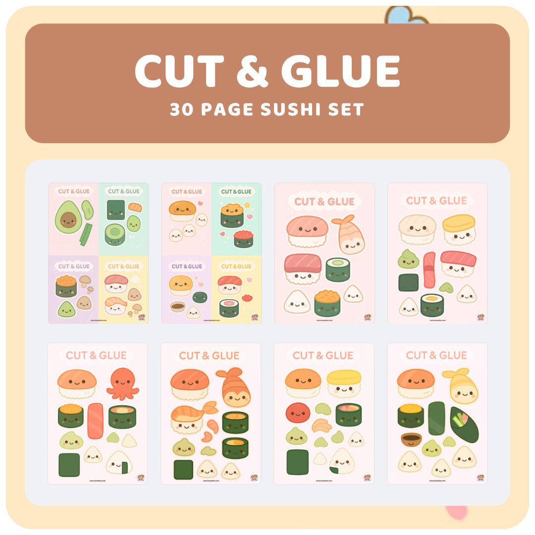 kawaiies-softtoys-plushies-kawaii-plush-Sushi Cut & Glue Activity – Kawaii Printable Craft for Kids (30 Pages) Cut & Glue