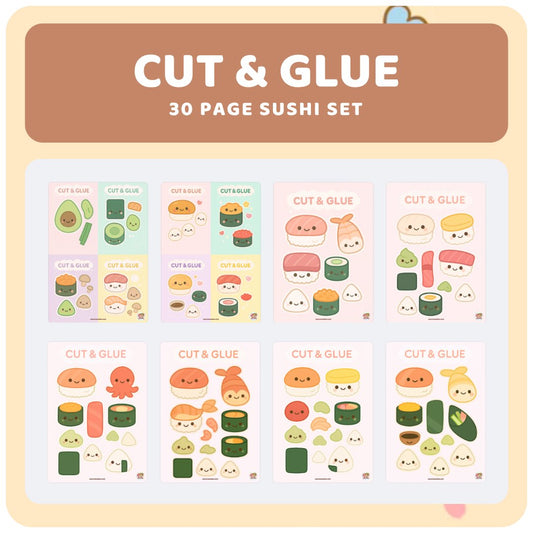 kawaiies-softtoys-plushies-kawaii-plush-Sushi Cut & Glue Activity – Kawaii Printable Craft for Kids (30 Pages) Cut & Glue
