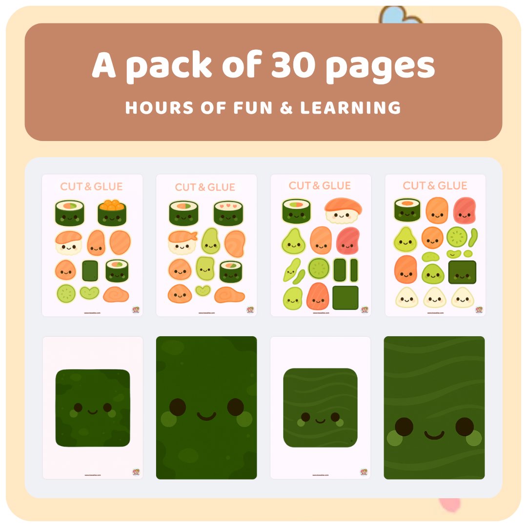 kawaiies-softtoys-plushies-kawaii-plush-Sushi Cut & Glue Activity – Kawaii Printable Craft for Kids (30 Pages) Cut & Glue