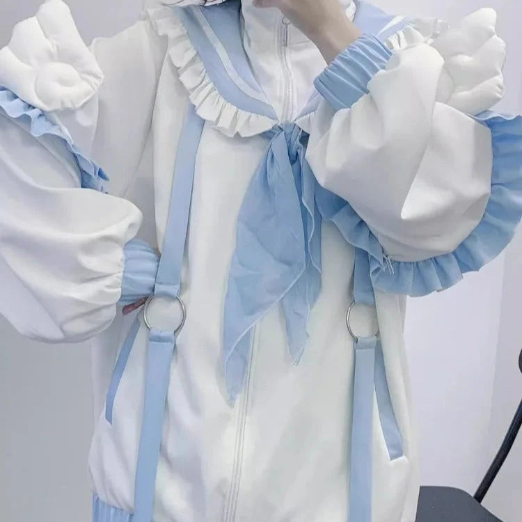 kawaiies-softtoys-plushies-kawaii-plush-Sweetheart Harajuku White Blue Ruffles Zipper Jacket Apparel
