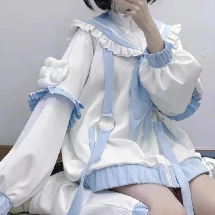kawaiies-softtoys-plushies-kawaii-plush-Sweetheart Harajuku White Blue Ruffles Zipper Jacket Apparel