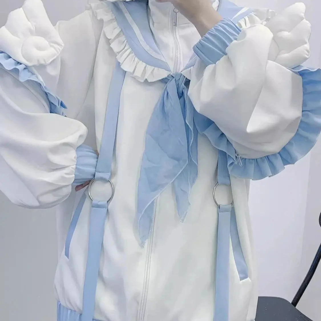kawaiies-softtoys-plushies-kawaii-plush-Sweetheart Harajuku White Blue Ruffles Zipper Jacket Apparel S