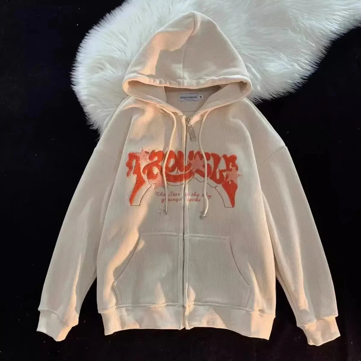 kawaiies-softtoys-plushies-kawaii-plush-. Thick Oversized 'Trouble' Y2K Streetwear Hoodie Apparel apricot thicked XXXL