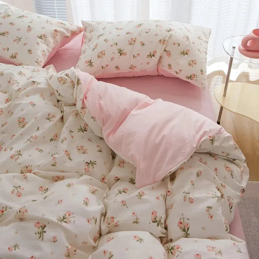 kawaiies-softtoys-plushies-kawaii-plush-Vintage Flowers Floral Cute Polyester Bedding Set with Bed Sheet Home Decor Pink Rose Single