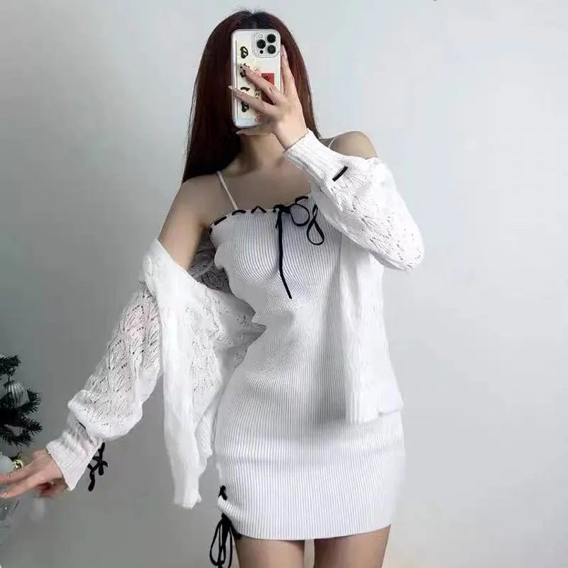 kawaiies-softtoys-plushies-kawaii-plush-White Knitted Two Piece Set Women's Cardigan Dress Apparel