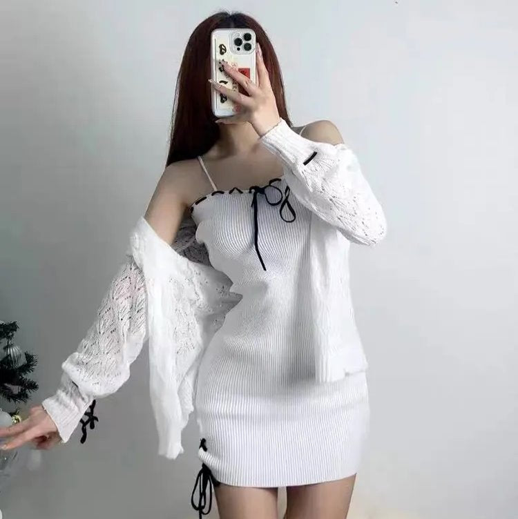 kawaiies-softtoys-plushies-kawaii-plush-White Knitted Two Piece Set Women's Cardigan Dress Apparel S