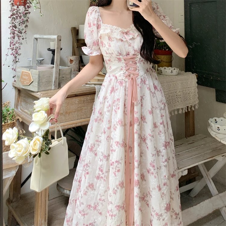 White Pink Cottage Lace Milkmaid Dress – Kawaiies White Pink Cottage Lace Milkmaid Dress – Kawaiies