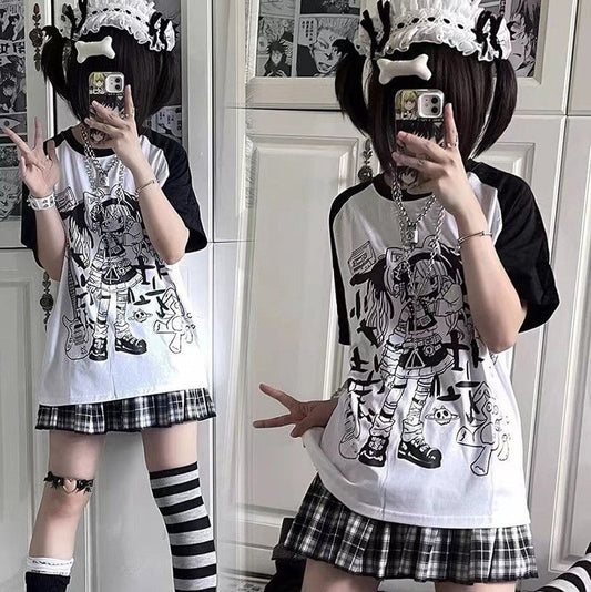 kawaiies-softtoys-plushies-kawaii-plush-Y2K Harajuku Anime Punk Girl Black Blue Women's Top Tee Apparel