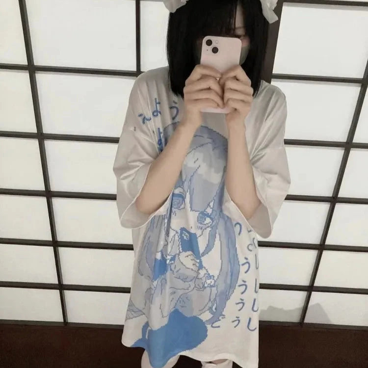 kawaiies-softtoys-plushies-kawaii-plush-Y2k Japanese Anime Blue Girl Print Oversized Tee Apparel