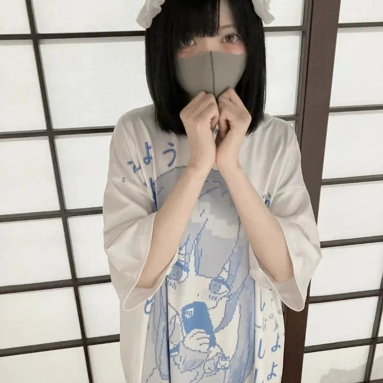 kawaiies-softtoys-plushies-kawaii-plush-Y2k Japanese Anime Blue Girl Print Oversized Tee Apparel L
