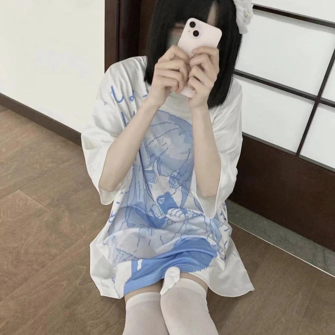 kawaiies-softtoys-plushies-kawaii-plush-Y2k Japanese Anime Blue Girl Print Oversized Tee Apparel M