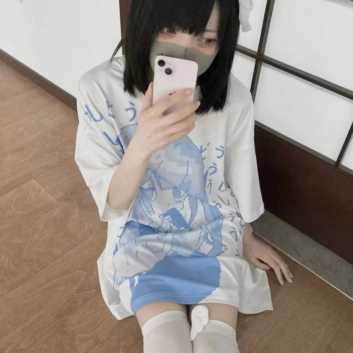 kawaiies-softtoys-plushies-kawaii-plush-Y2k Japanese Anime Blue Girl Print Oversized Tee Apparel S