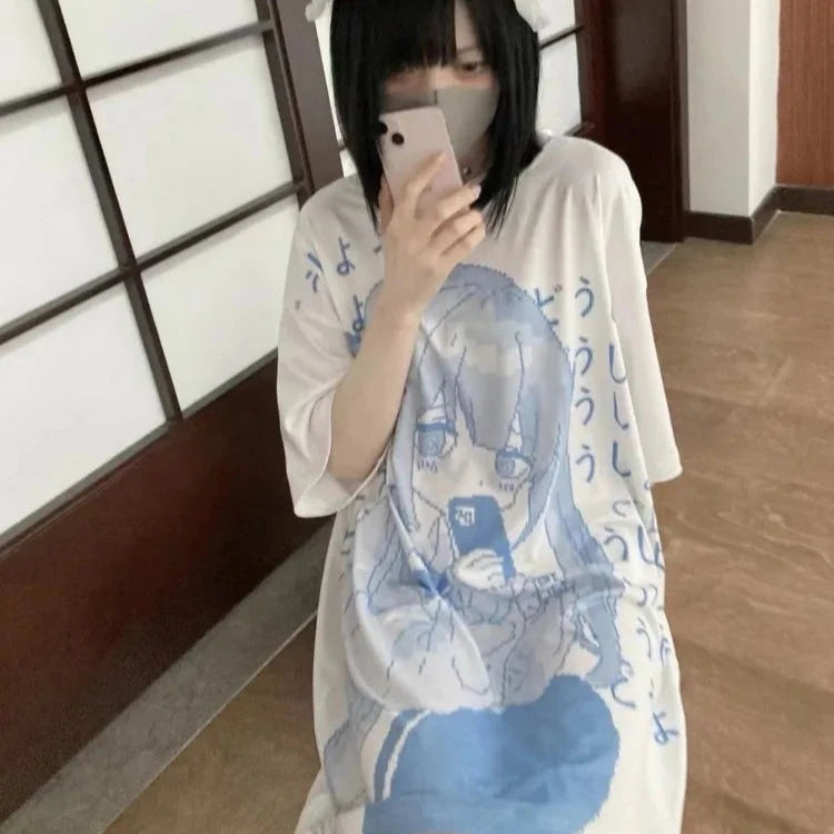 kawaiies-softtoys-plushies-kawaii-plush-Y2k Japanese Anime Blue Girl Print Oversized Tee Apparel XL