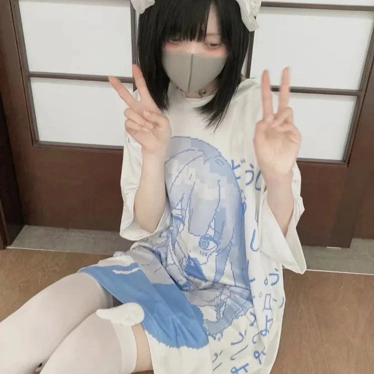 kawaiies-softtoys-plushies-kawaii-plush-Y2k Japanese Anime Blue Girl Print Oversized Tee Apparel XXL