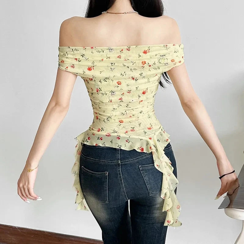 kawaiies-softtoys-plushies-kawaii-plush-Yellow Biege Floral Off-Shoulder Ruffle Long Tassels Top Apparel