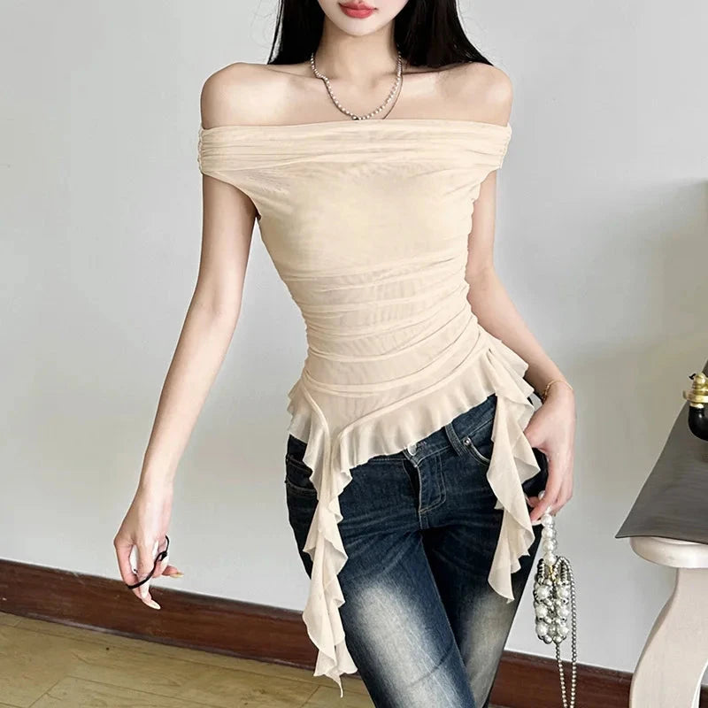 kawaiies-softtoys-plushies-kawaii-plush-Yellow Biege Floral Off-Shoulder Ruffle Long Tassels Top Apparel