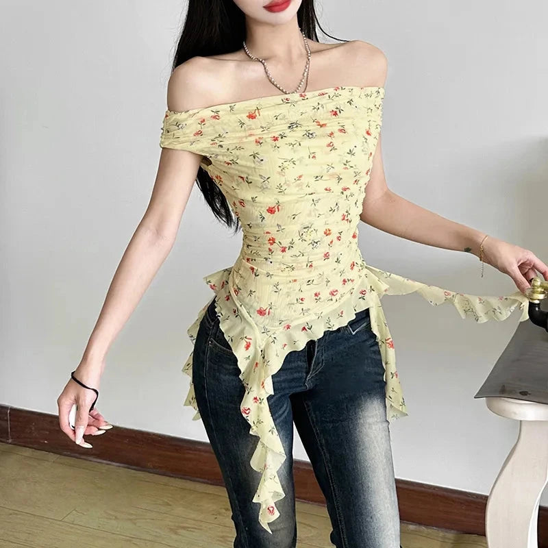 kawaiies-softtoys-plushies-kawaii-plush-Yellow Biege Floral Off-Shoulder Ruffle Long Tassels Top Apparel