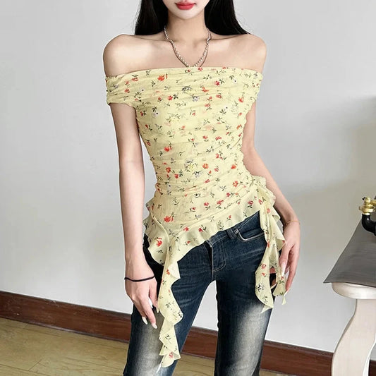 kawaiies-softtoys-plushies-kawaii-plush-Yellow Biege Floral Off-Shoulder Ruffle Long Tassels Top Apparel